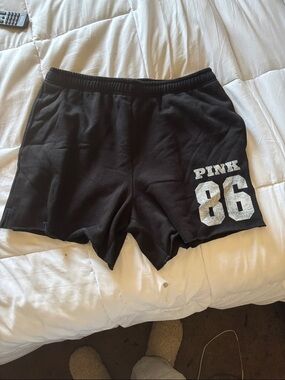 PINK Victoria's Secret Black Lounge Shorts with Silver '86 Graphic